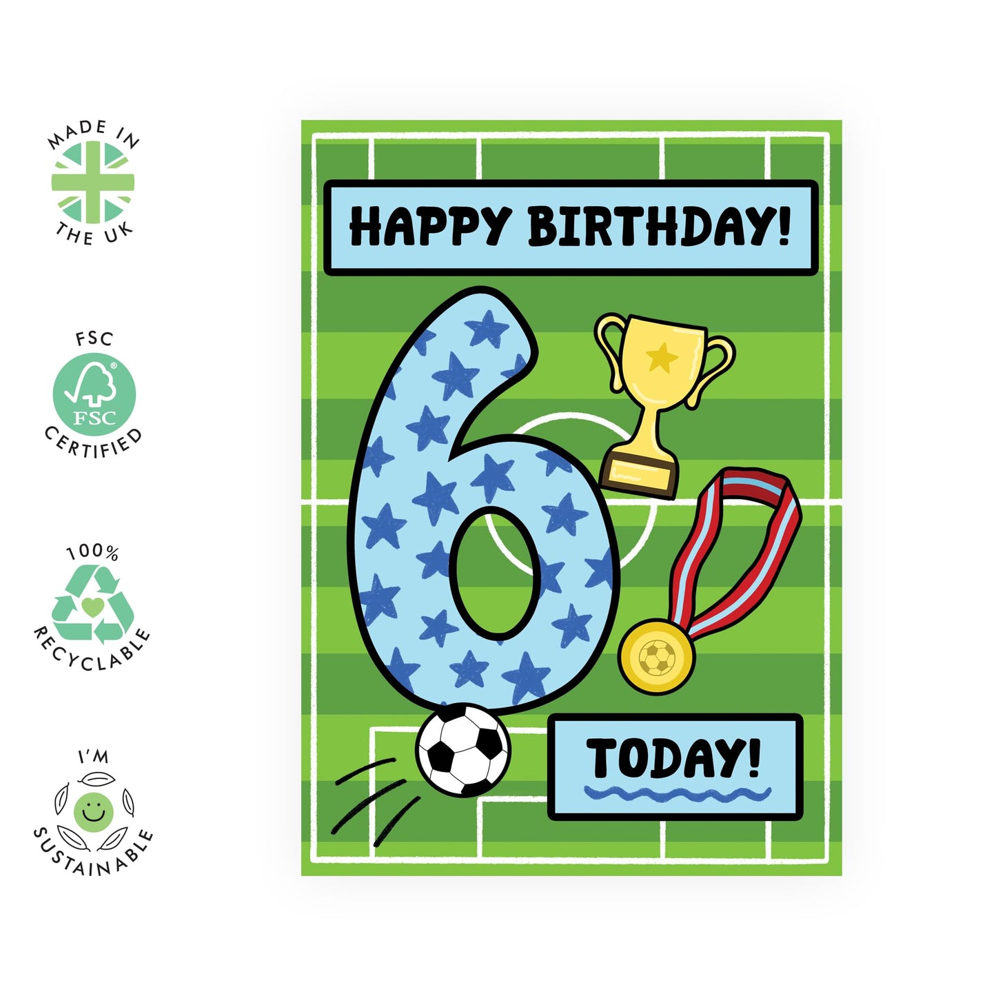 6th Birthday Card for Boys – Football Themed – Fun Gifts for Son, Nephew, Grandson, Him, Children, Cousin, Football Fan Boys -Sixth Bday Party - Trophy and Medal - Comes with Stickers