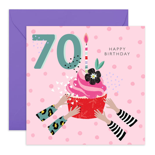 Pink Birthday Card For Women 70th Birthday - Cupcake - Happy Birthday Cards For Mum Aunt Nan Wife - 70 Year Old - Pretty Milestone Cards - Comes With Stickers - By Central 23