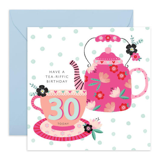30th Birthday Card For Women - Tea-riffic 30th Birthday - Wife Mum Mummy - Sister - Floral Bday Card - Happy Thirtieth Birthday Greeting Card Female Friends - Comes With Stickers By Central 23