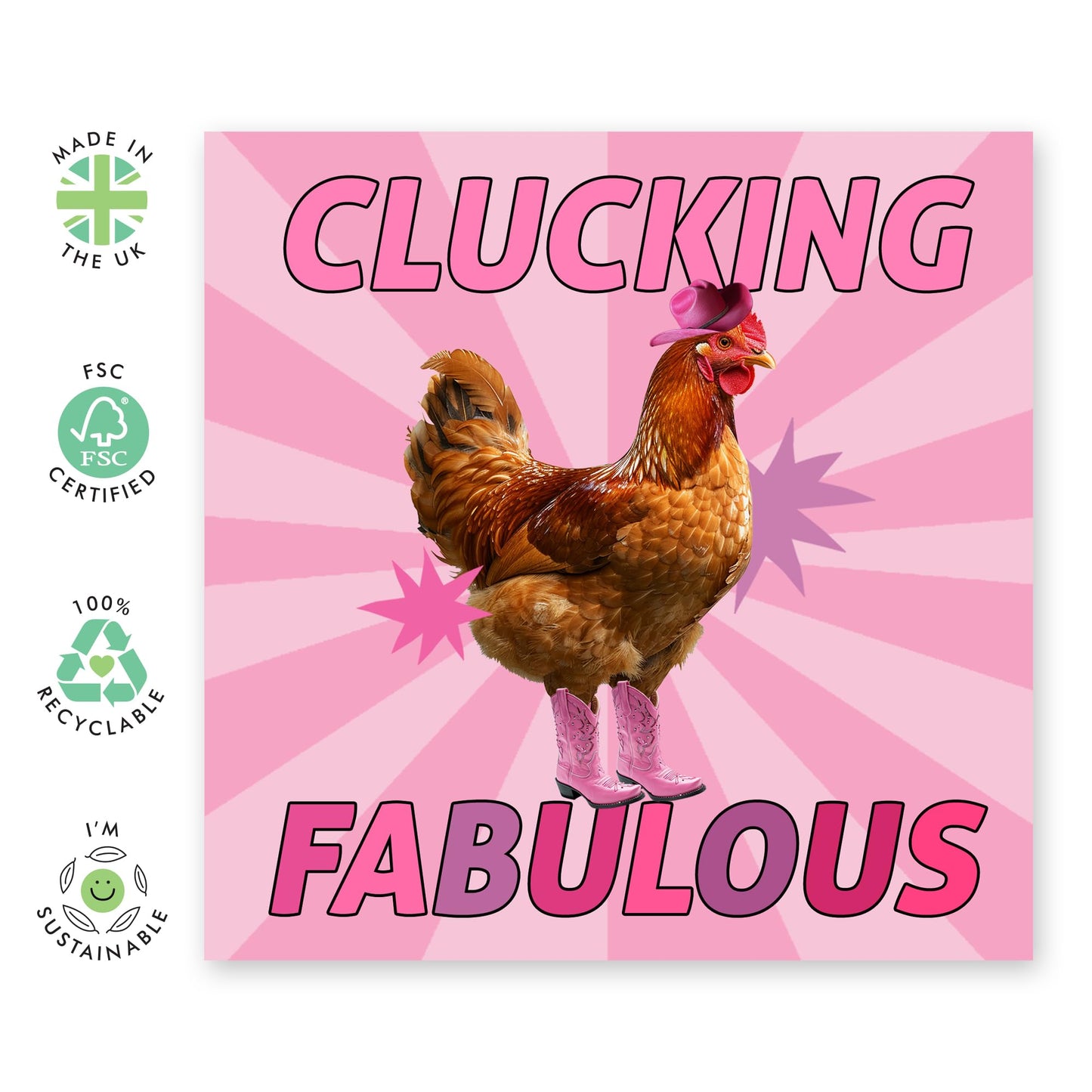 Funny Chicken Greeting Card- 'Clucking Fabulous' - Gifts for Friends, BFFs, Family, Sister, Mum, Aunt - Chicken Fashion - Comes with Fun Stickers