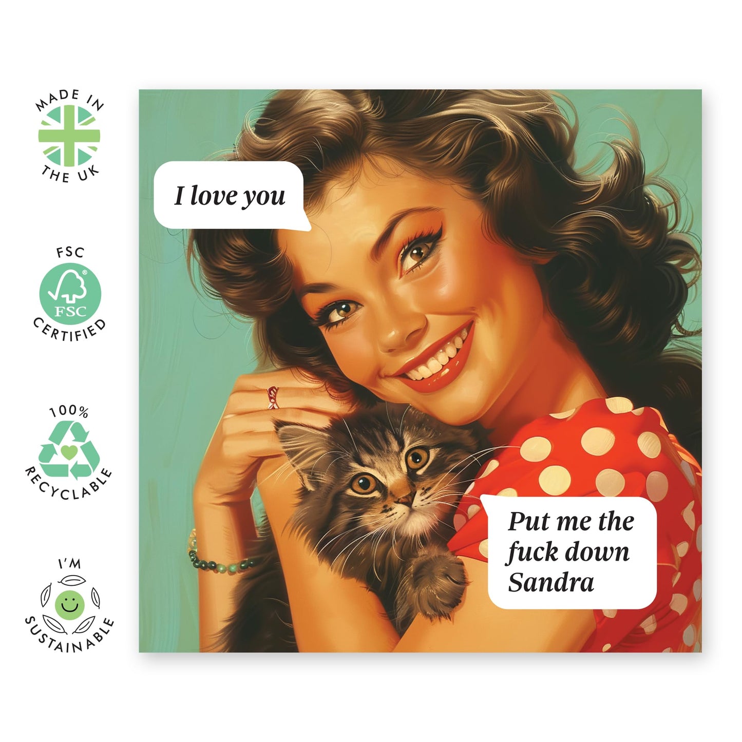 Funny Cat Owners Greeting Card - 'Put me down' - Perfect Card for Fur Parents, Cat lovers, Fur Mum & Pet Owners - Irritated Cat - Comes with Fun Stickers