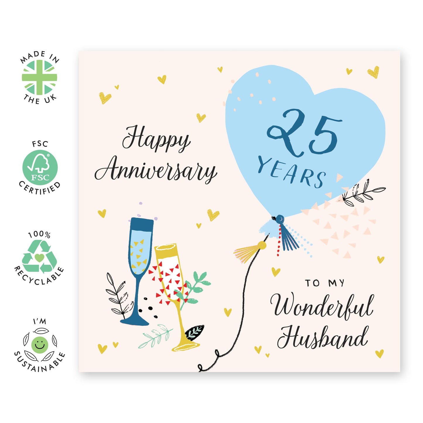 25th Anniversary Card for Husband – Gifts for Him, Spouse, Partner, Mr, Hun, Lovebug, Darling, Sweetheart, Men – Twenty Five Years Down , Blue Heart Balloon - Comes with Stickers