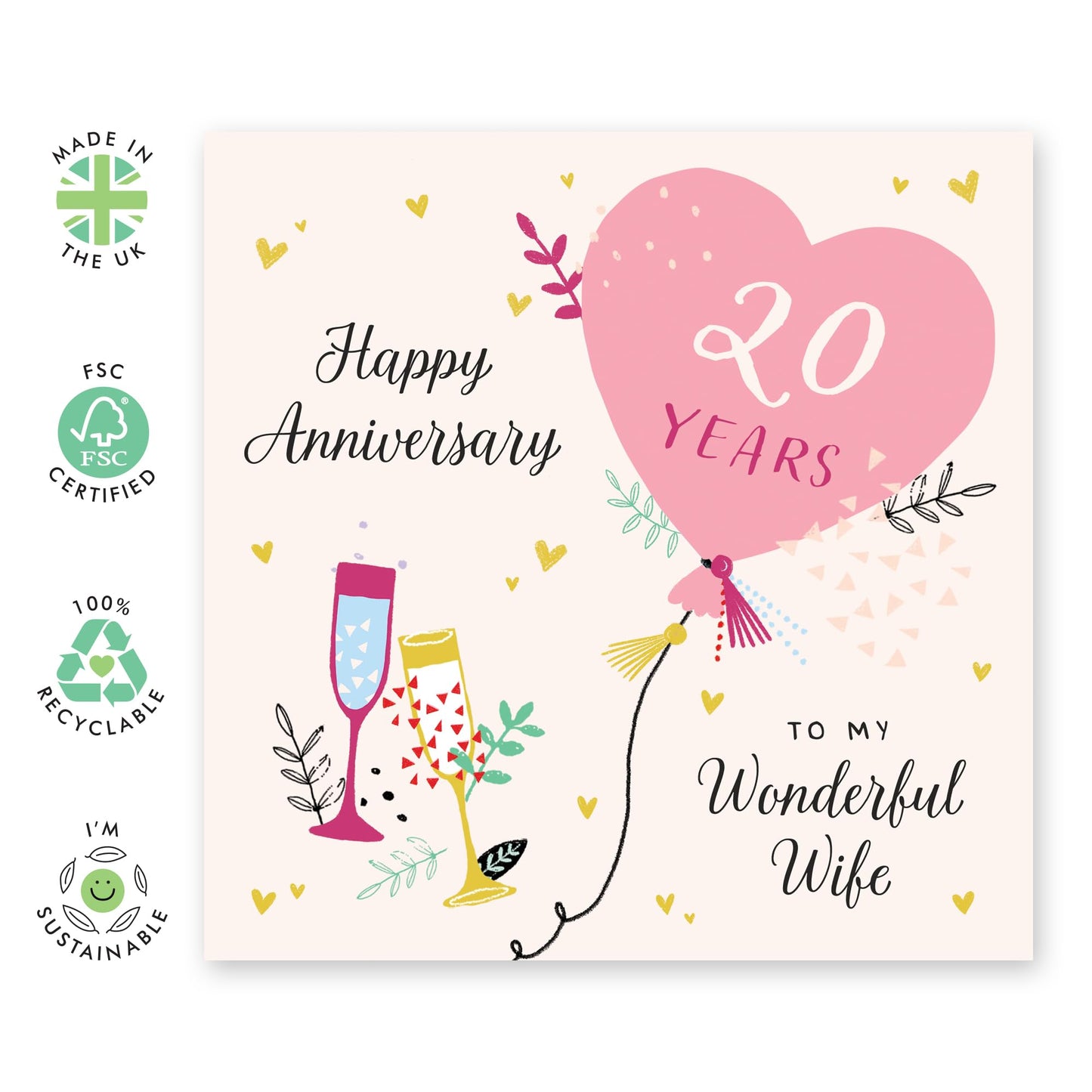20th Anniversary Card for Wife – Gifts for Her, Spouse, Partner, Mrs, Hun, Lovebug, Darling, Sweetheart, Women – Twenty Years Down , Pink Heart Balloon - Comes with Stickers