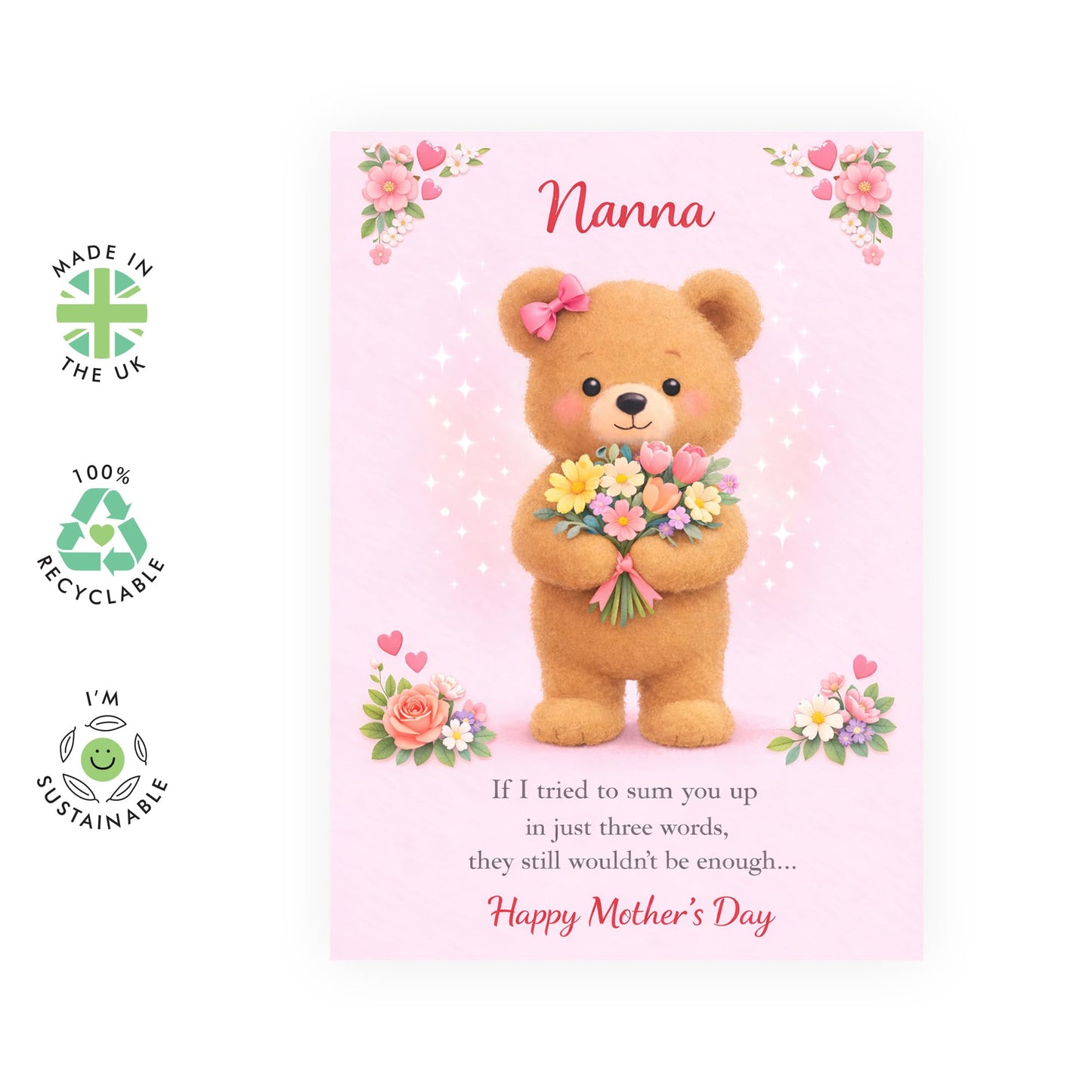 Nanna Mother’s Day Card – Teddy Bear with Flower Bouquet – Greetings for Grandma Grandmother Her Ladies Women from Granddaughter Girls Teens - Adorable and Thoughtful - Comes with Cute Stickers