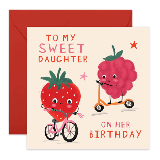 Strawberry Birthday Card - 'Sweet Daughter' -Gifts for Girls, Children, Kids, Family from Mum & Dad- Berry Bicycle Rides - Comes with Fun Stickers
