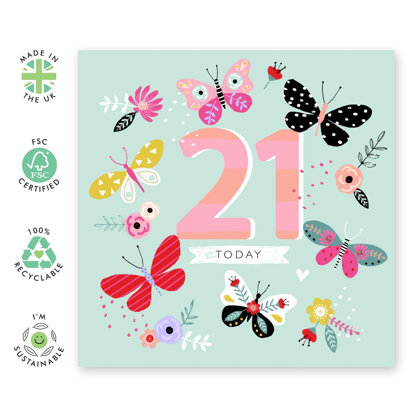 Floral Birthday Card For Her - 21 Today Butterflies - Happy Twenty-first Birthday Card - Gifts For Daughter Niece - From Mum Dad - Comes With Fun Stickers By Central