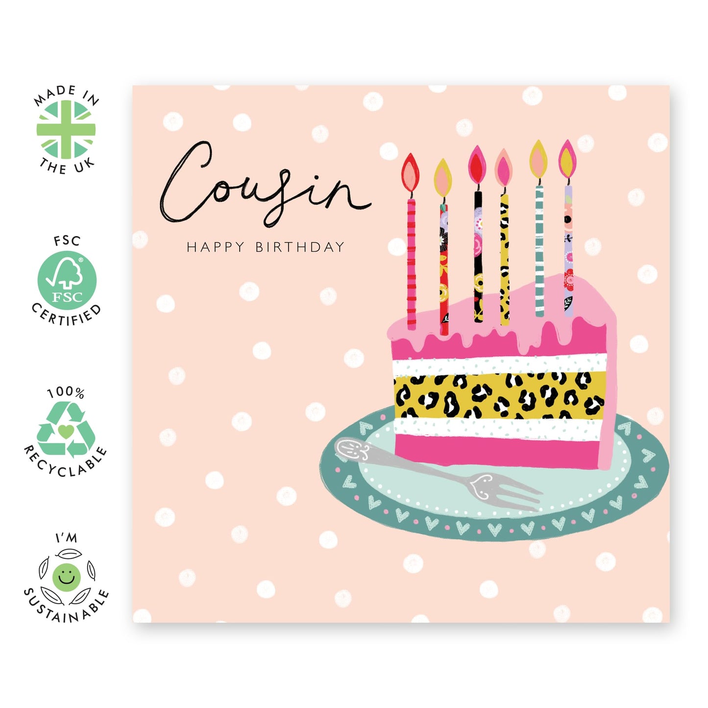 Cousin Birthday Cards For Women - Birthday Cake And Candles - Cousin Birthday Cards For Ladies Female Her - Trendy Print - Gifts For Cousins - Comes With Fun Stickers - By Central 23
