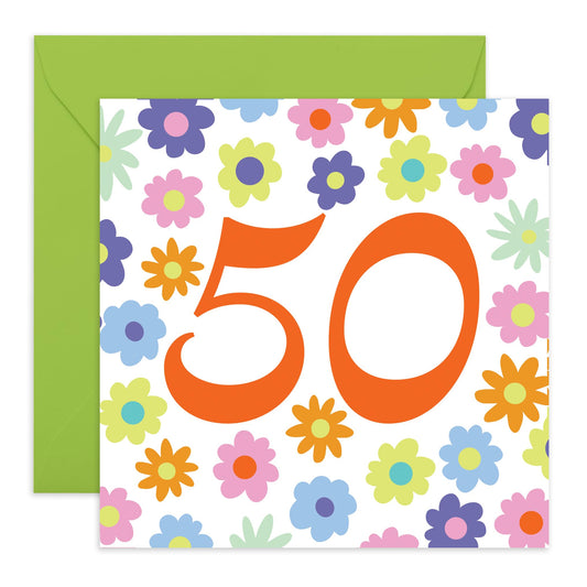 50th Birthday Card Women - Rainbow Floral 50 - Sweet Birthday Card - Wife Mum - Sister - Rainbow - Happy Fiftieth Birthday Greeting Card Friend - Grandmother - Comes With Fun Stickers - By Central 23