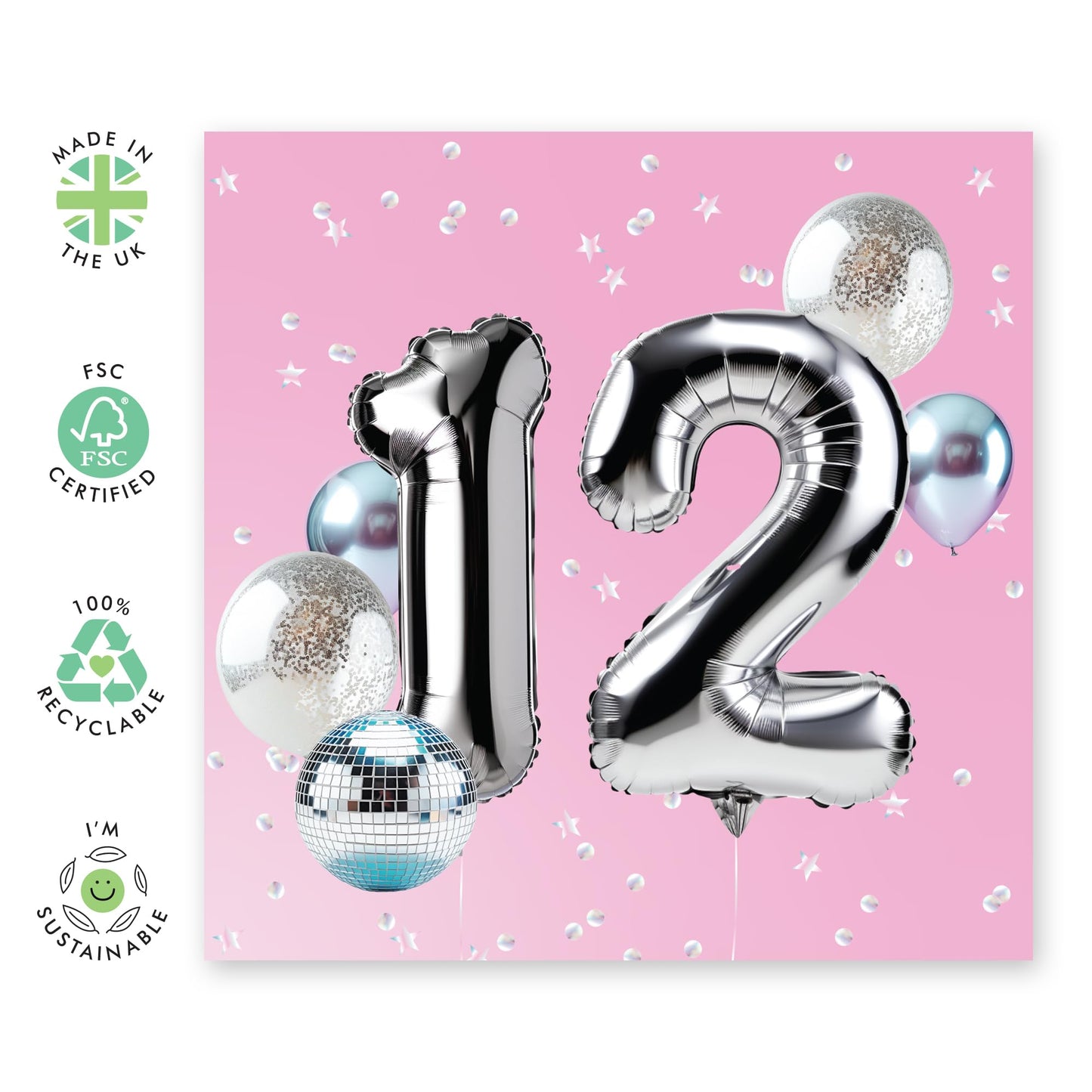 Happy 12th Birthday Card For Girls - Foil Balloon 12 Birthday Party - 12th Bday Card For Niece - Gifts For Twelveth Year Old Daughter - Gift For Kids - Comes With Fun Stickers - By Central 23