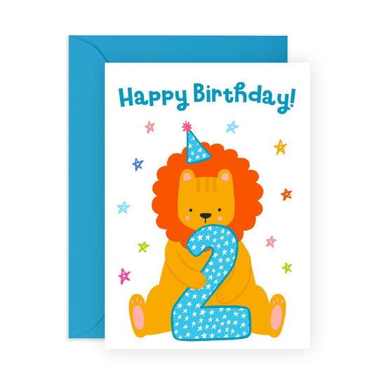 Boys Birthday Cards Age Two - Childrens Age 2 Lion Birthday - 2nd Birthday Cards For Kids Girls Toddlers - Gifts For Son Daughter Niece Nephew - Second Bday Card - Comes With Stickers By Central 23