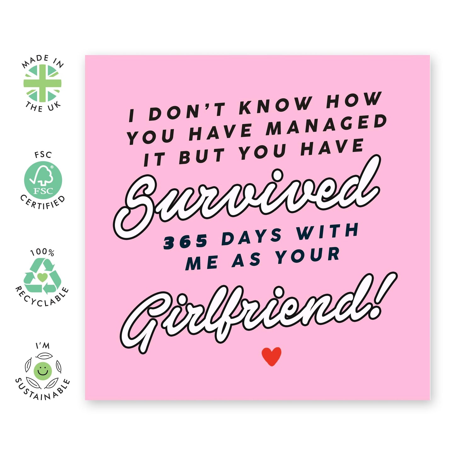 Funny Anniversary Day Card - '1 Year GF Pink' - Romantic Gifts for Boyfriend, Boyfie, Partner - Thanks for Staying - Comes with Fun Stickers