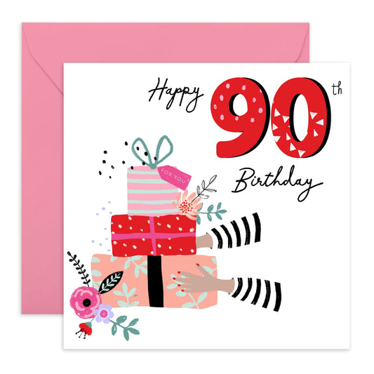 Happy 90th Birthday Card For Her - Floral Gifts Presents - Elegant Nan Birthday Card Age Ninety - Trendy Milestone Cards - Gifts For Women Wife Grandma Sister - Comes With Cute Stickers By Central 23