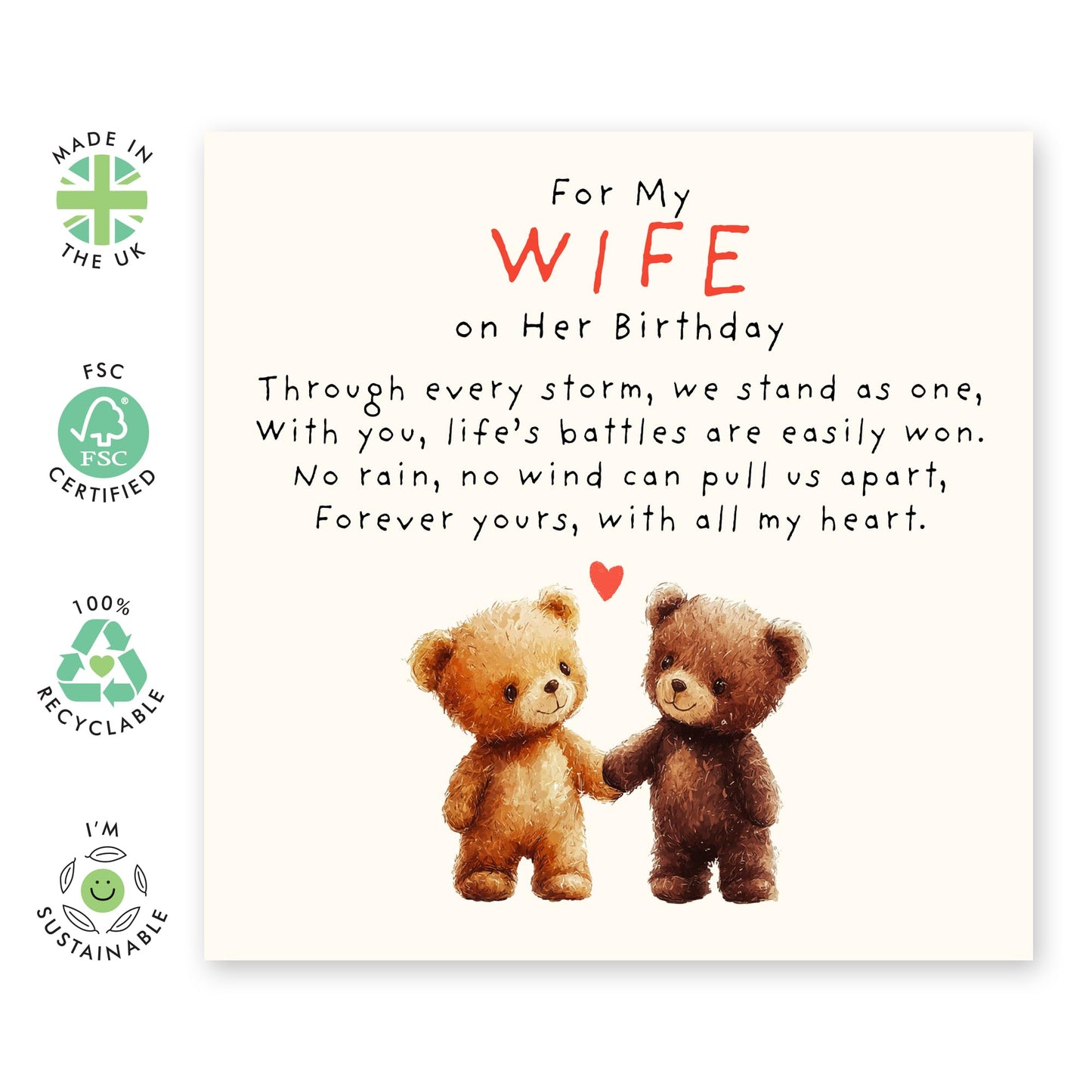 Birthday Card for Her - 'For My Wife' -Gifts for Mrs., Life Partner, Babe, Mothers, Other Half, My Love from Husband - Bears Holding Hands - Comes with Fun Stickers