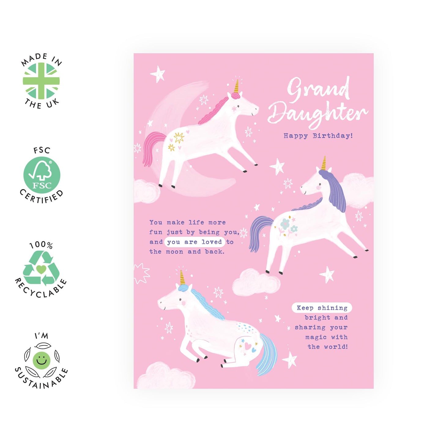 Cute Birthday Card - 'Magical Birthday Unicorns Grand Daughter' - Sweet Gifts for Grand Child, Kids, Children from Grandma and Grandpa - Flying Unicorns - Comes with Fun Stickers