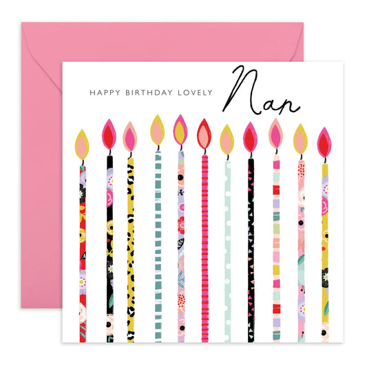 Happy Birthday Lovely Nan Card - Birthday Candles Trendy Prints - Pink Gifts For Her Women - Grandma Greeting Cards - Nanny Grandmother Granny - Comes With Fun Stickers By Central 23