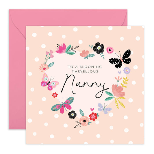 Butterfly Birthday Card For Nanny - To A Blooming Marvelous Nanny - Floral Birthday Greeting Cards For Grandmother Nana Nan - Grandma Gifts For Women - Comes With Stickers - By Central 23