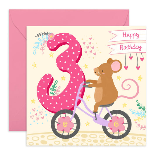 3rd Birthday Card For Girls Boys - Happy Birthday Card For Daughter Age Three - Pink Hearts Mouse - Third Bday Gifts For Son Granddaughter - Comes With Cute Stickers - By Central 23