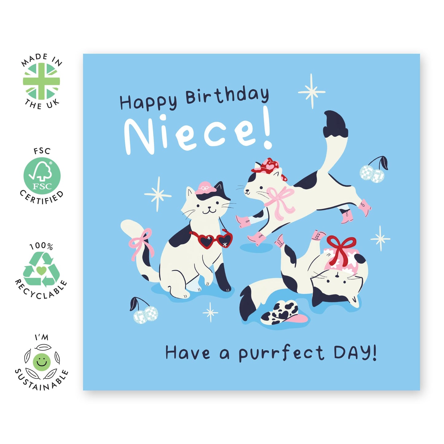 Cute Birthday Card - 'Purrfect Cat Niece' - Presents for Relatives, Family, Her from Uncle or Auntie - Cat Meows - Comes with Fun Stickers