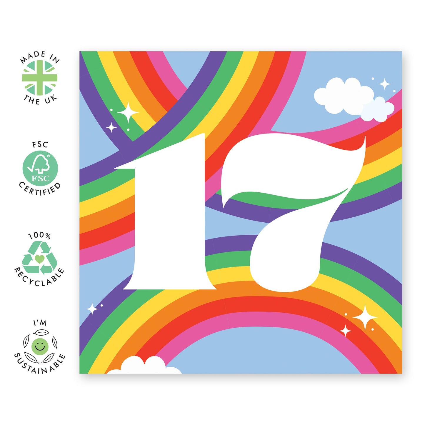 17th Birthday Cards For Kids - Rainbow Sky 17 - Girl Boy Birthday Card Seventeen Year Old - Happy Birthday Card Son Daughter Nephew Niece - Gifts For Him Her - Comes With Fun Stickers - By Central 23