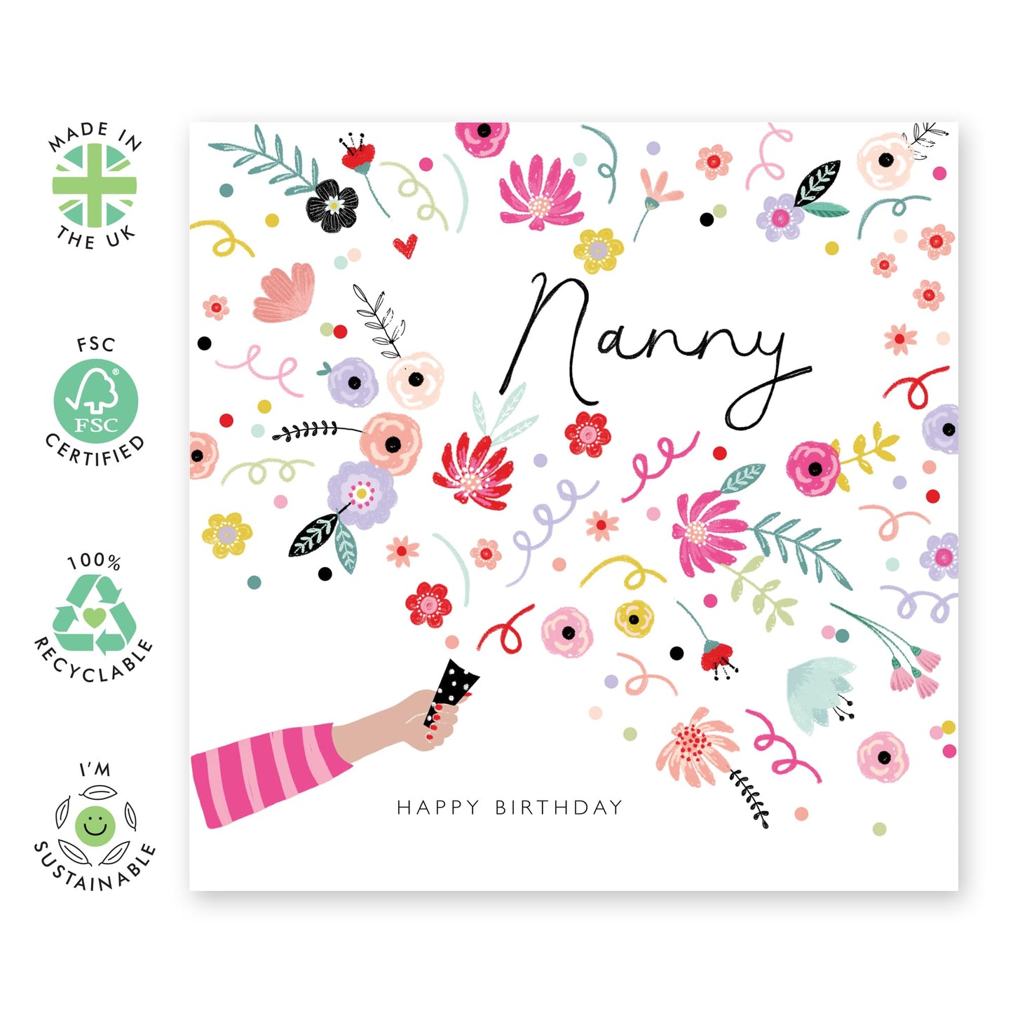 Nanny Birthday Cards - Flowers Confetti - Floral Grandma Gifts Presents For Her - Celebration Greeting Cards For Women Nana Grandmother - Comes With Fun Stickers - By Central 23