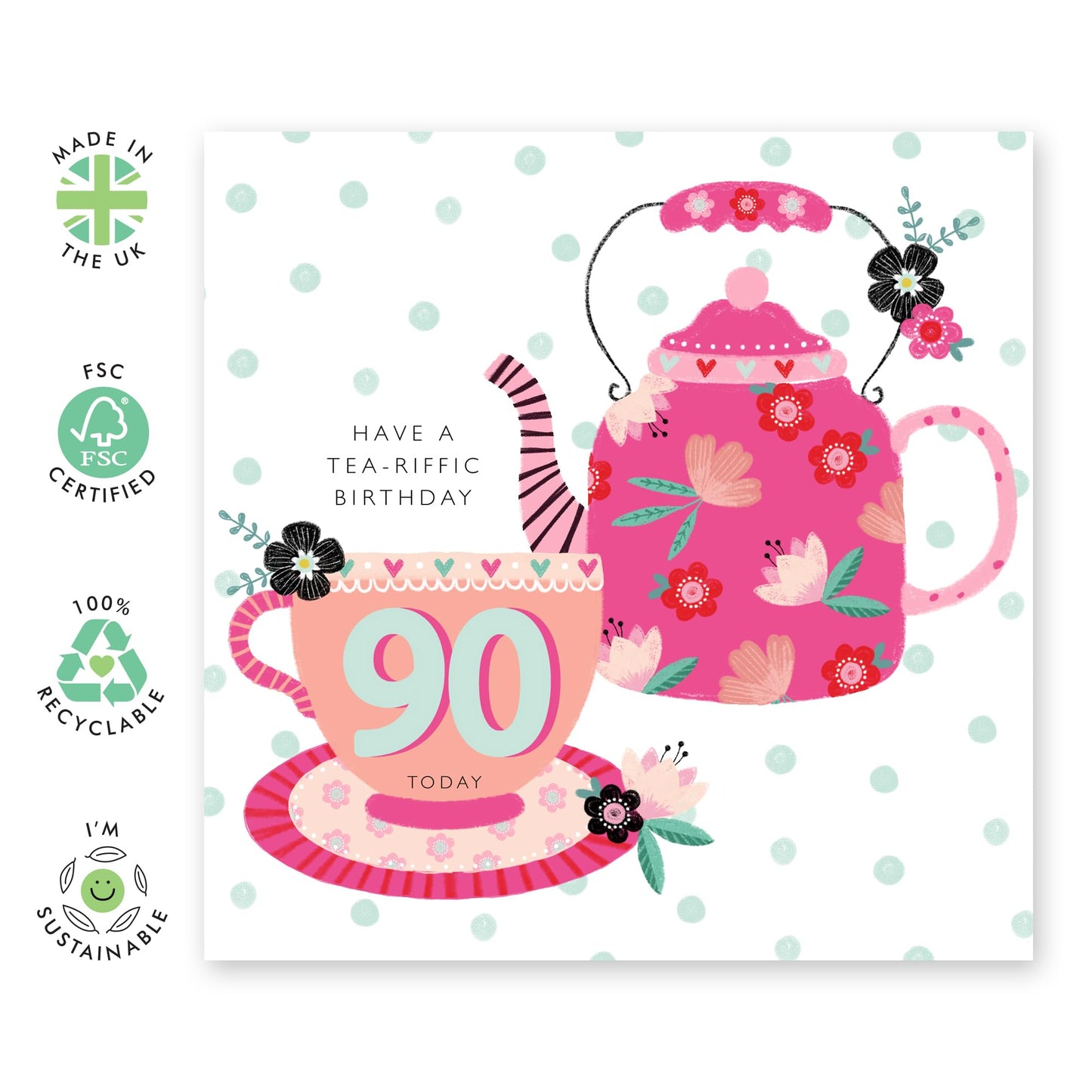90th Birthday Card For Nan - Tea Time Florals - Elegant Birthday Greeting Cards Women Age Ninety - Grandma Birthday Card - Ninetieth Bday Gifts For Mum Wife Her - Comes With Stickers By Central 23