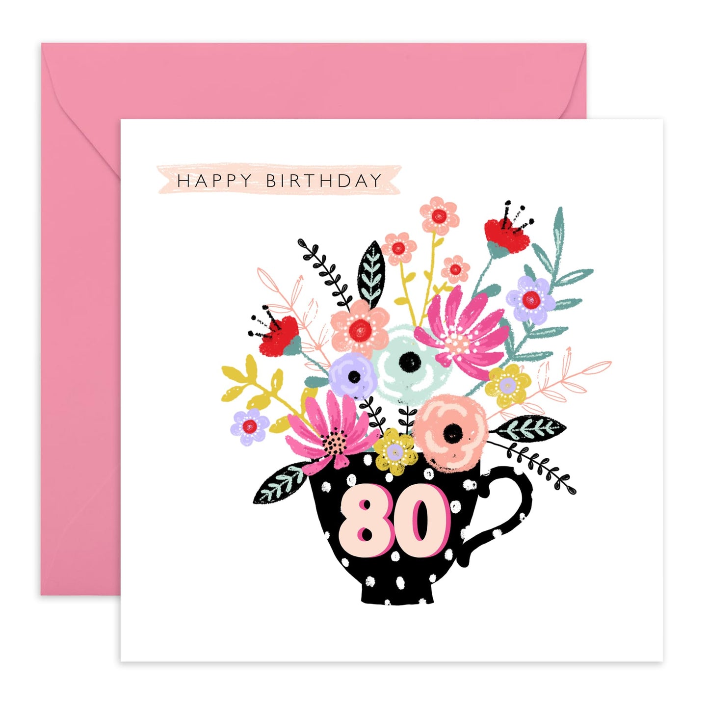 80th Birthday Card For Women - 80th Teacup Floral - Grandmother Birthday Greeting Card - Floral Cards - Gifts For Grandmum - Eightieth Birthday Card Grandma - Comes With Fun Stickers By Central 23