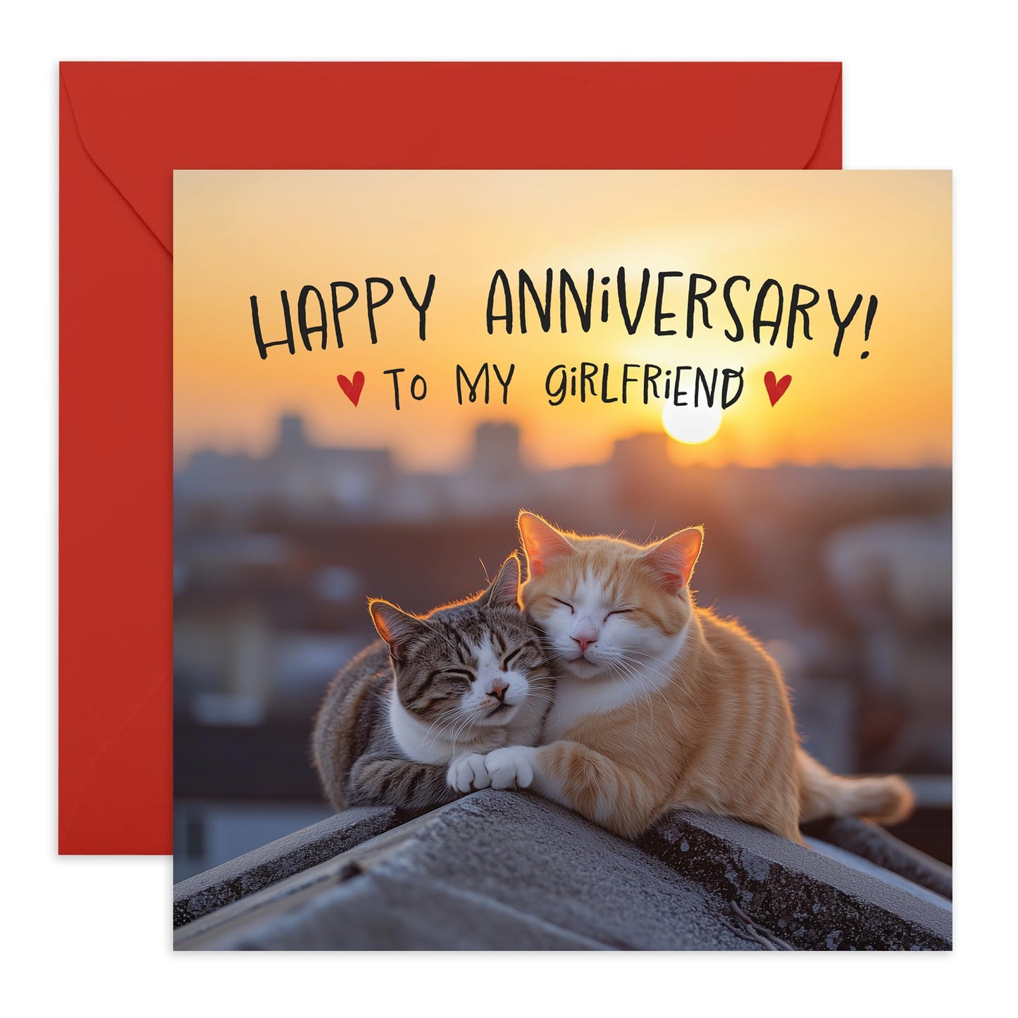 Happy Anniversary Card 'To My Girlfriend' - Romantic Cat Design with Sunset Background - Romantic Greeting Card for Her, Darling, Women, Babe- Celebrating Love and Milestones - Blank Inside
