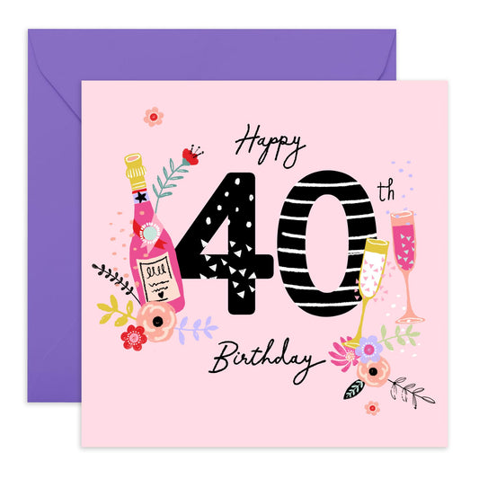 Elegant Birthday Card For Women Age 40 - Happy 40th Birthday Bubbles - Happy 40th Birthday Cards For Sister - Wife Mum Mummy - Gifts For Friends Aunt - Comes With Stickers By Central 23