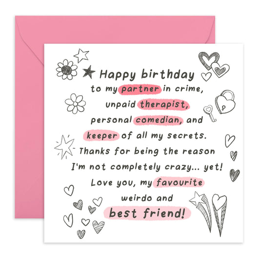 Sweet Birthday Card Message - 'Best Friend Doodles' - Gifts for Bestie, BFF, Girlfriend, Sister, Sis, Her, Partner - Keeper of Secrets - Comes with Fun Stickers