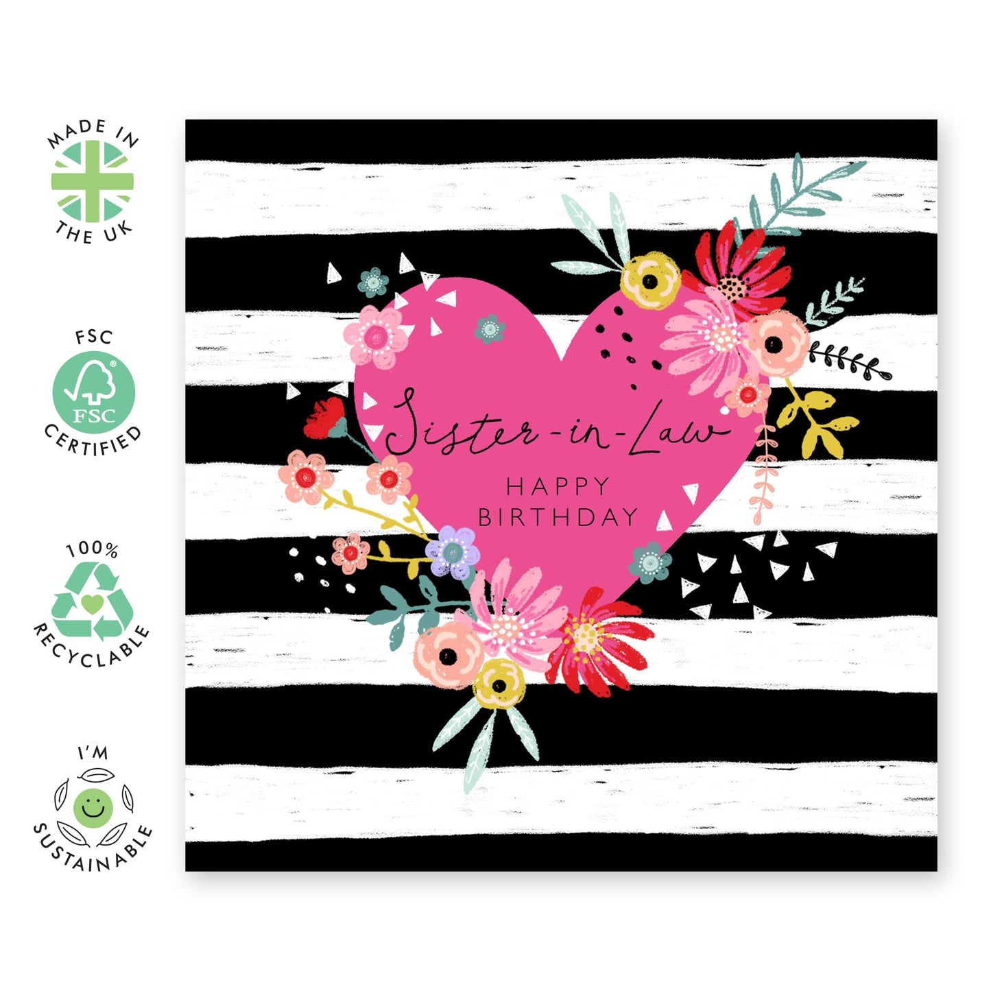 Sister In Law Birthday Card - Floral Heart Pink Stripes - Female Birthday Greeting Cards For Sis-in Law - Sweet Thoughtful Heartfelt Gifts Presents For Women - Comes With Stickers By Central 23