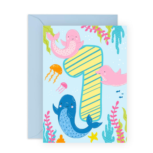 1st Birthday Card Girl Boy - Cute Dolphins Pink Blue Green - First Birthday Card - Milestone Baby Age Card - One Year Old Gifts For Kids - Comes With Fun Stickers By Central 23