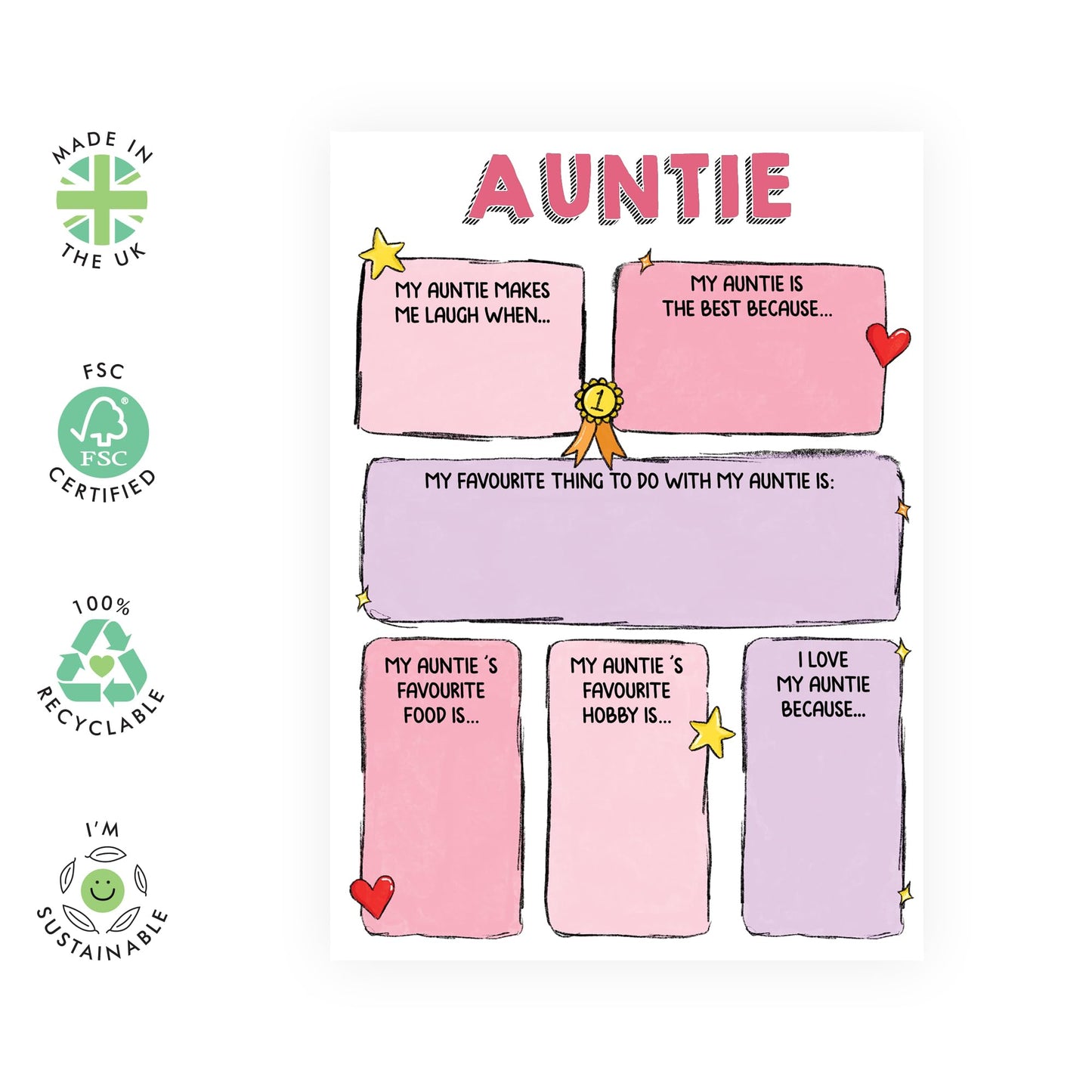 Customized Greeting Card - 'I LOVE MY AUNTIE FILL IN YOURSELF' - Appreciation and Thank You Gift Her, Aunties, Aunt, Women, Ladies - Mothers Day - Comes With Stickers