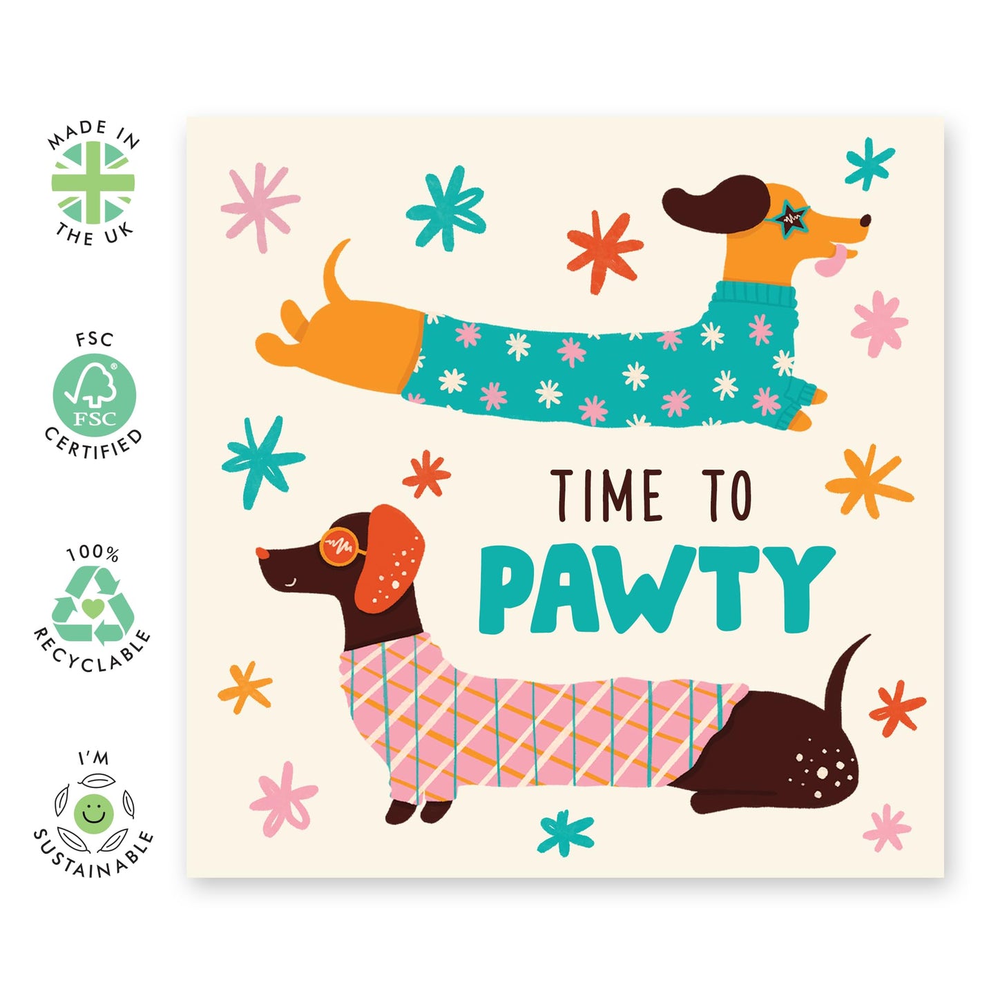Dog Birthday Card - Time To Pawty Sausage Dogs - Birthday Cards From Dog - Sweet Greeting Cards For Fur Parents - Gifts From Pets Animals Fur Mum Dad - Comes With Stickers By Central 23