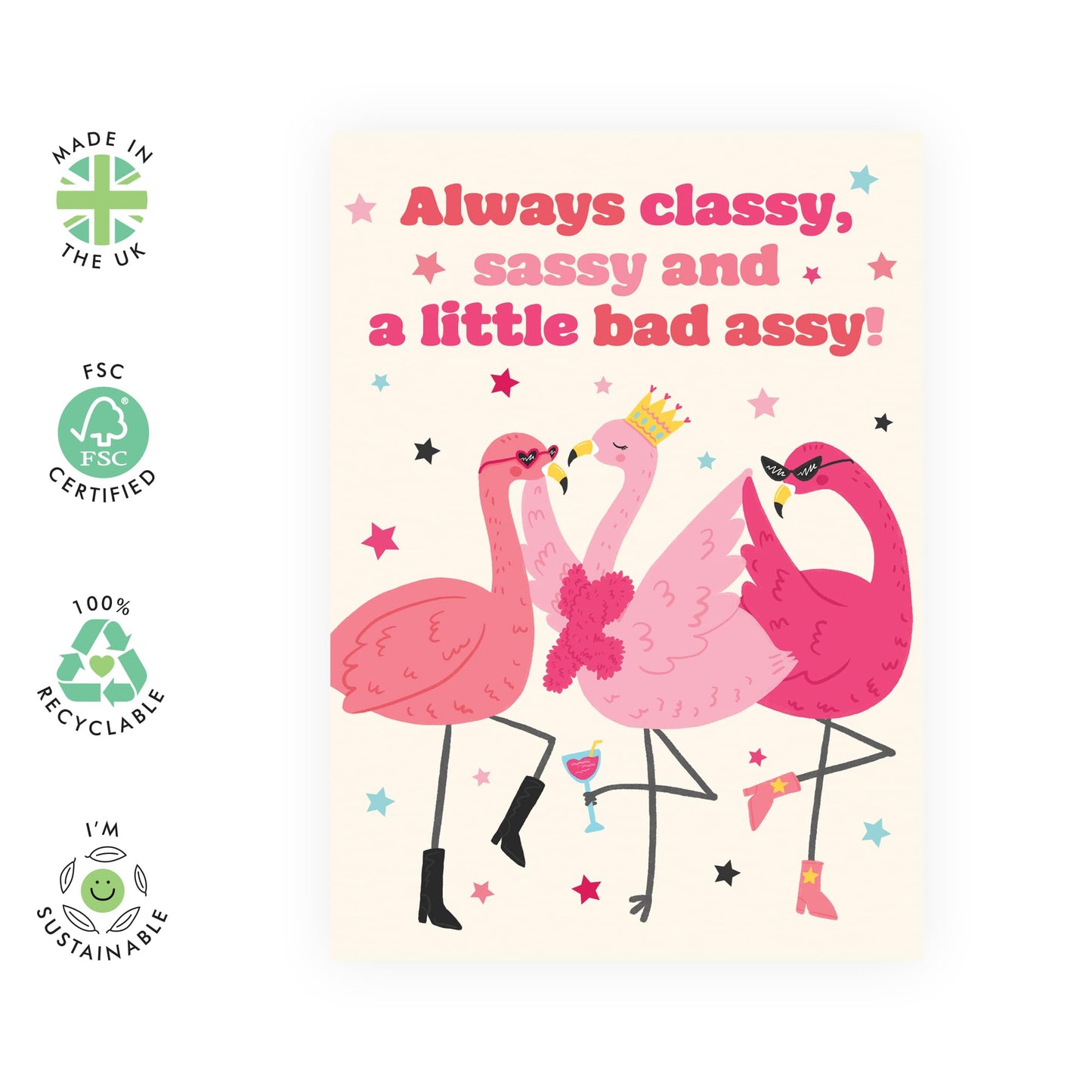 Fabulous Birthday Card Women - 'Classy, Sassy, Badassy Flamingos' - Gifts for Mum, Sister, Sis, Besties, BFF, Sibling, Gals, Girlfriends, Auntie, Grandma - Mothers Day Card - Comes with Fun Stickers