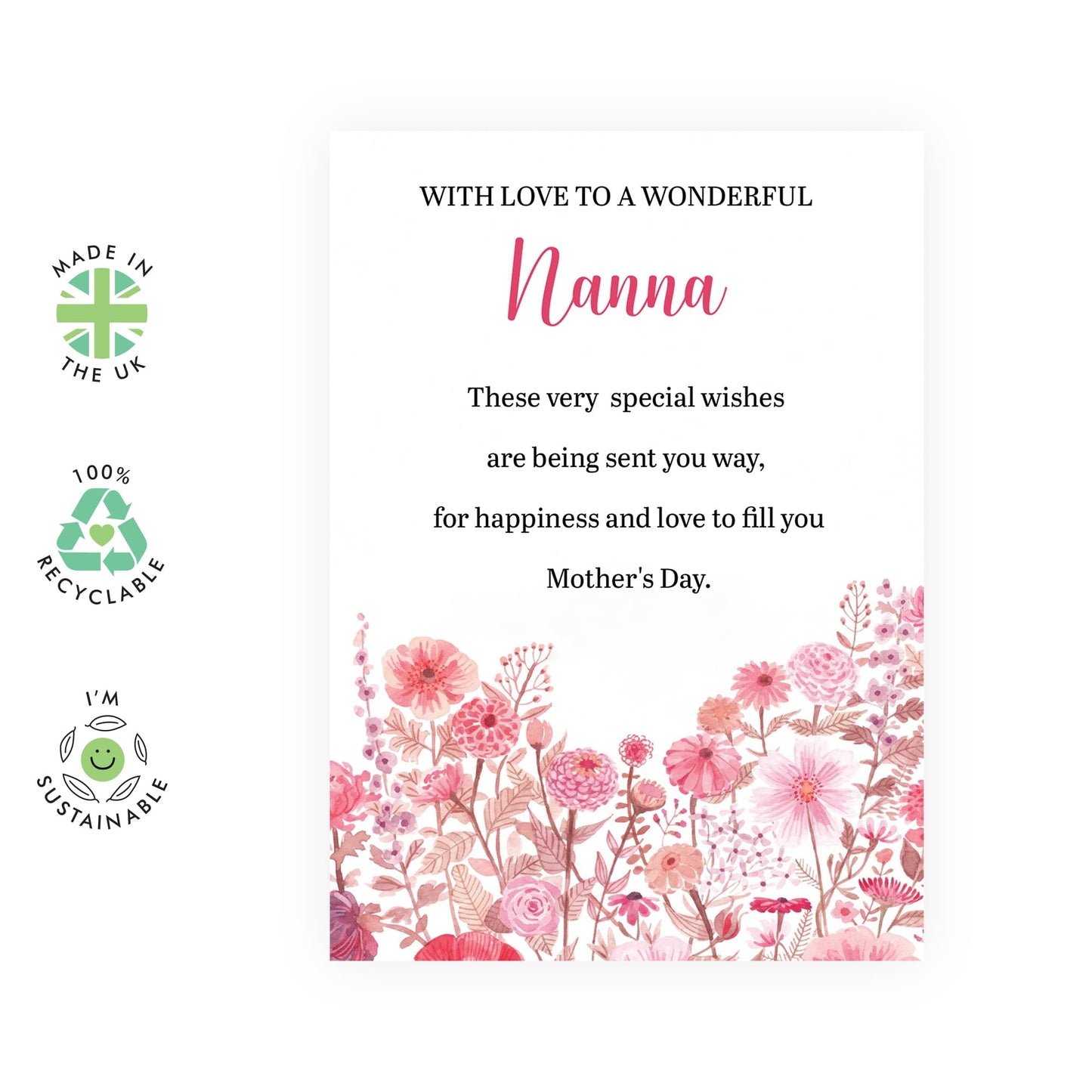 Nana Mother’s Day Card –Pink Floral with Message - Greeting for Grandmother Grandma Granny Her Ladies Women Family From Grandson Granddaughter – Happiness and Love to Fill - Comes with Stickers