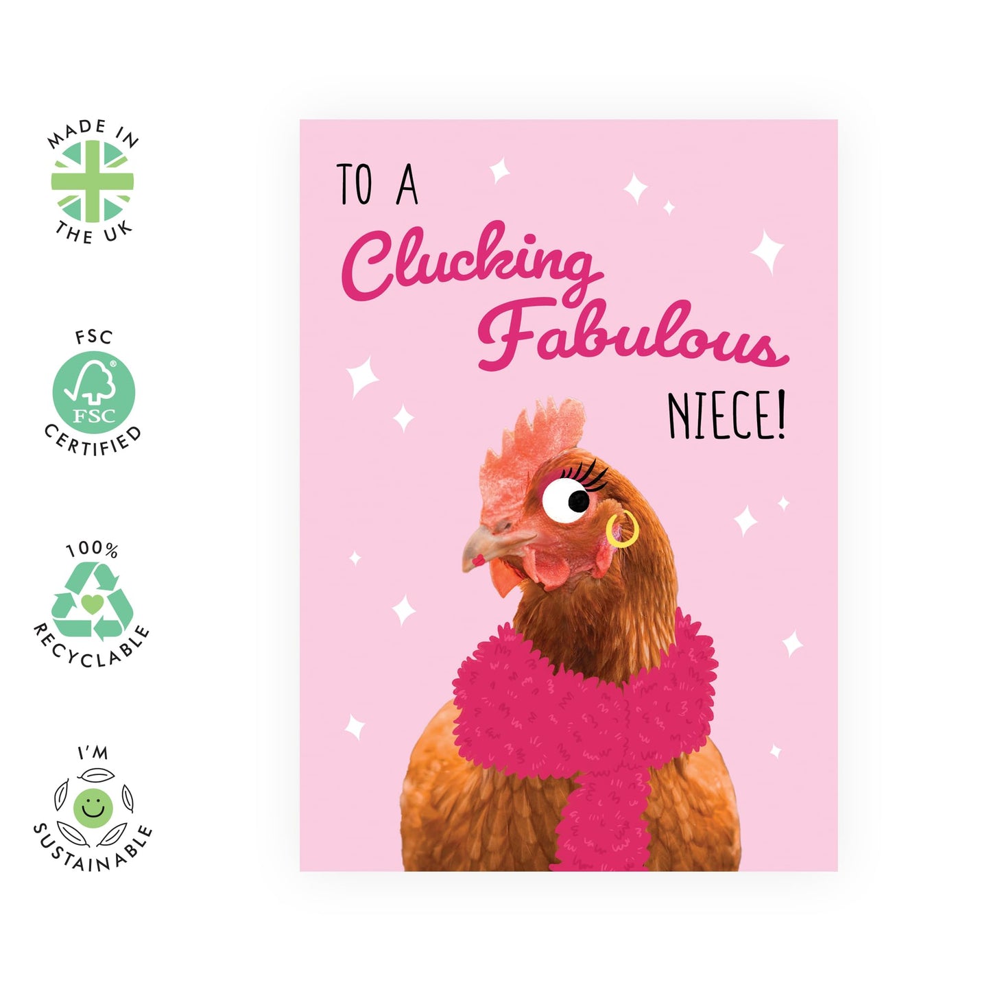 Fab Birthday Card for Nieces - 'Fabulous Chicken Niece' - Gifts for Her, Women, Ladies, Family - Earings & Scarf - Comes with Fun Stickers