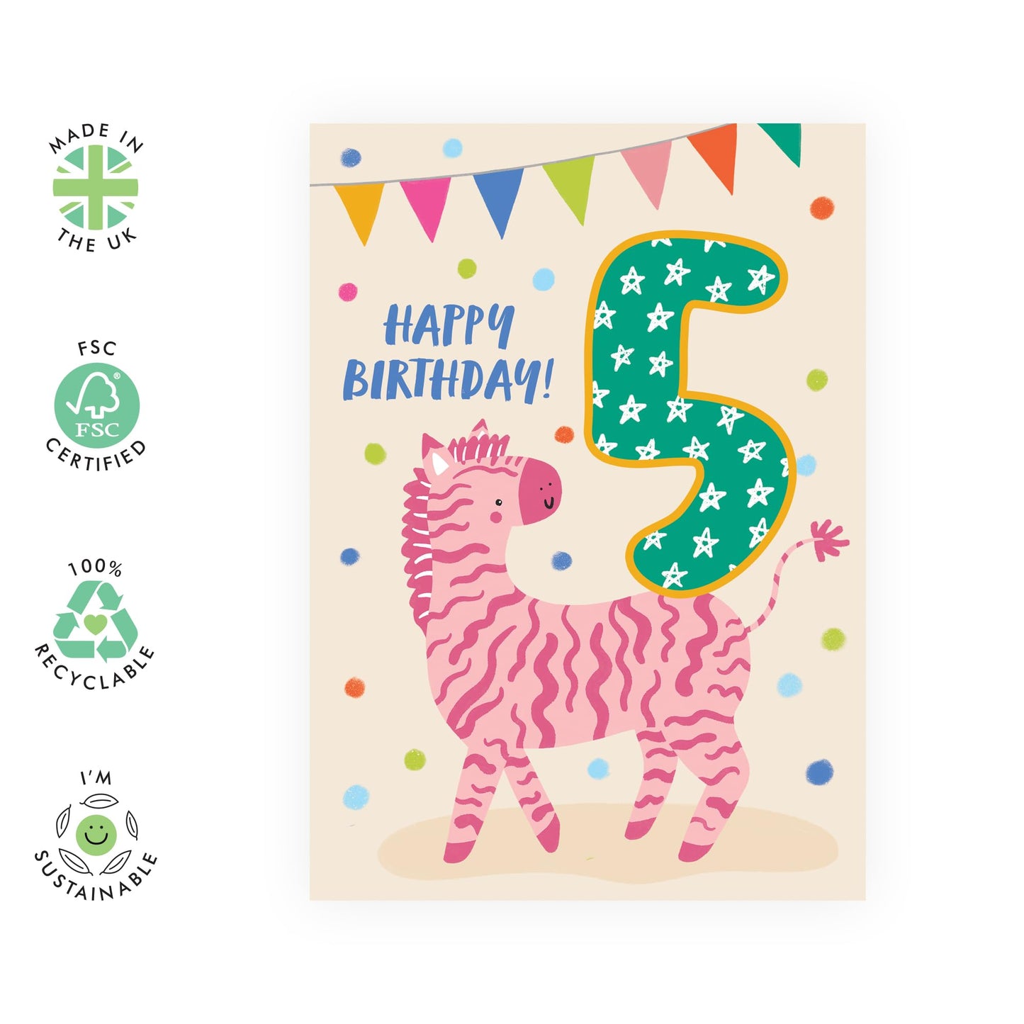 5th Birthday Card Boy Girl - Party Zebra Five Year Old - Happy Fifth Birthday Cards For Kids Baby Toddlers - Gifts For Godson Granddaughter Niece Nephew - Comes With Cute Stickers By Central 23