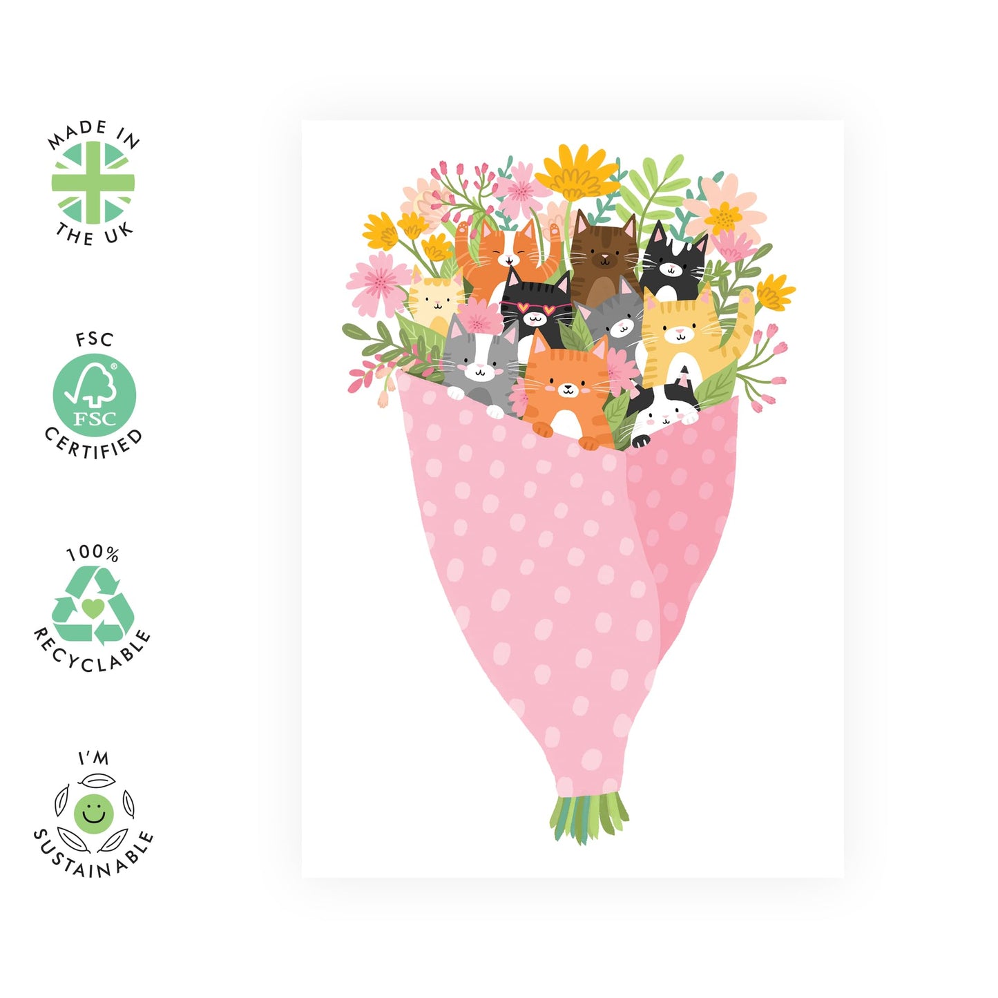Cute Cat Birthday Card - Cat Bouquet Flowers - Mothers Day Gifts - Sweet Greeting Cards For Him Her Men Women Cat Lady Fur Mum, Mummy Ma Her Wife - Quirky Gifts For Friends - Comes With Stickers