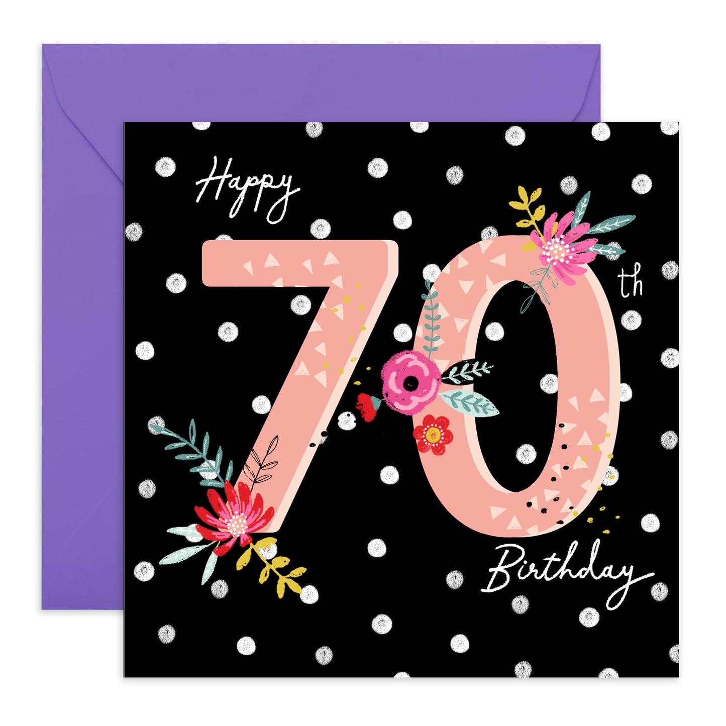 Flower Cards For Her - 70th Birthday Card For Women - White Polka Dots - Pretty Floral Birthday Cards For Mum Nana Wife - 70 Year Old - Comes With Stickers - By Central 23
