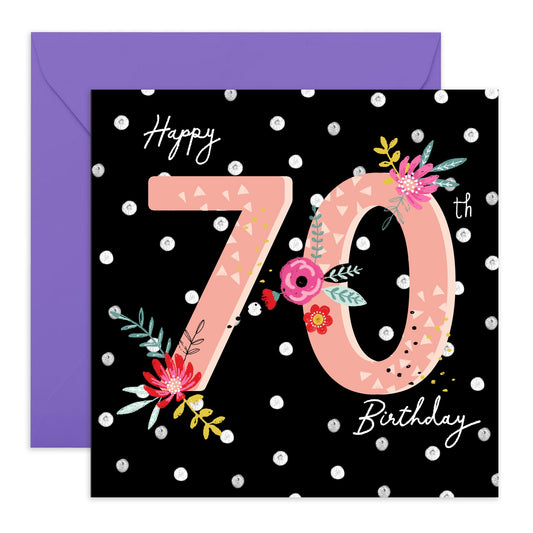 Flower Cards For Her - 70th Birthday Card For Women - White Polka Dots - Pretty Floral Birthday Cards For Mum Nana Wife - 70 Year Old - Comes With Stickers - By Central 23