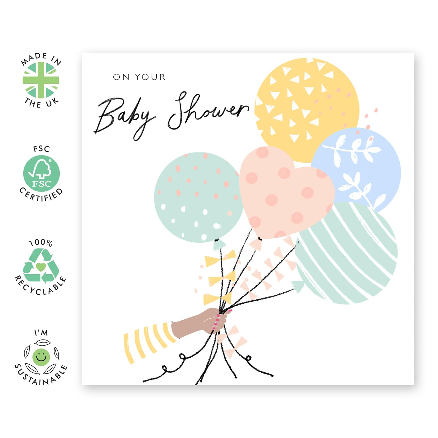 Baby Shower Card Neutral - Balloons - On Your Baby Shower - Congratulations New Baby Well Done Pregnancy Greeting Cards - Comes With Stickers - By Central 23