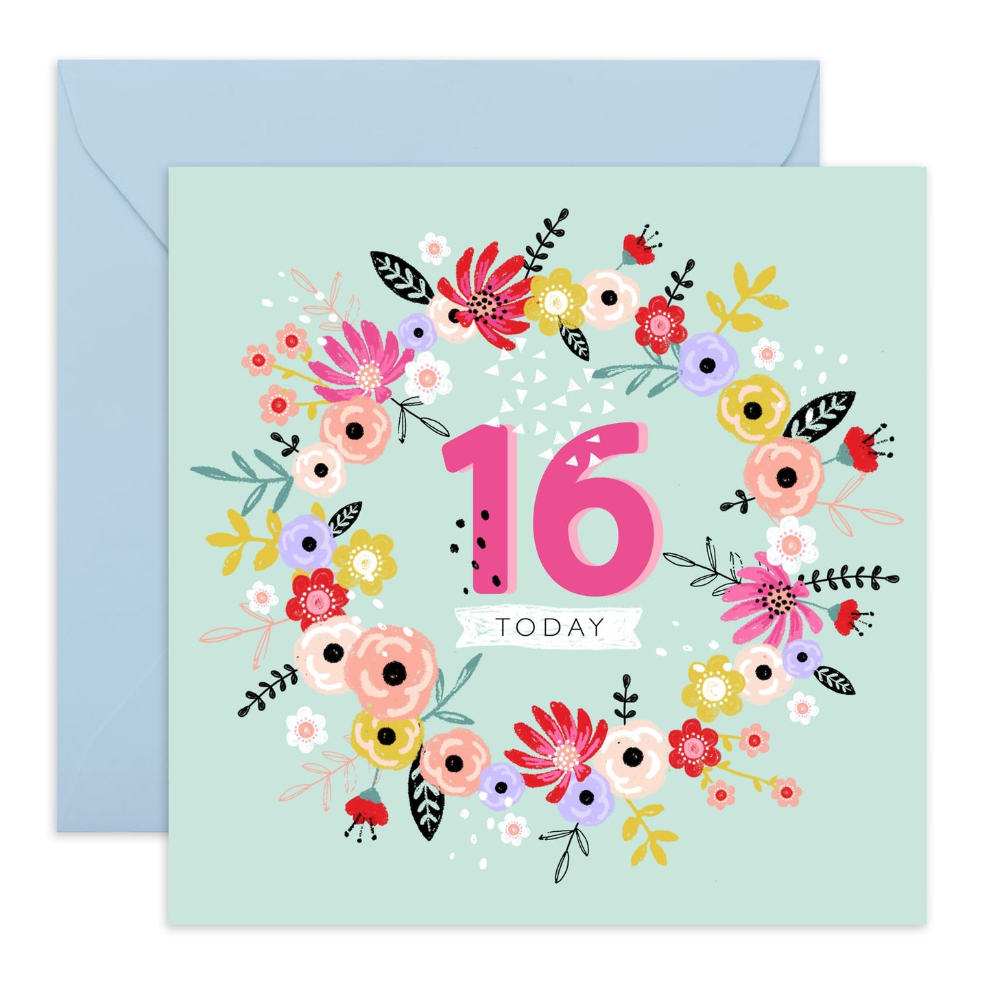 16th Birthday Cards For Kids - 16 Today Birthday Wreath - Happy Birthday Card For Daughter Granddaughter Niece - Floral Card - Girl Birthday Card Sixteen Year Old - Comes With Stickers By Central 23
