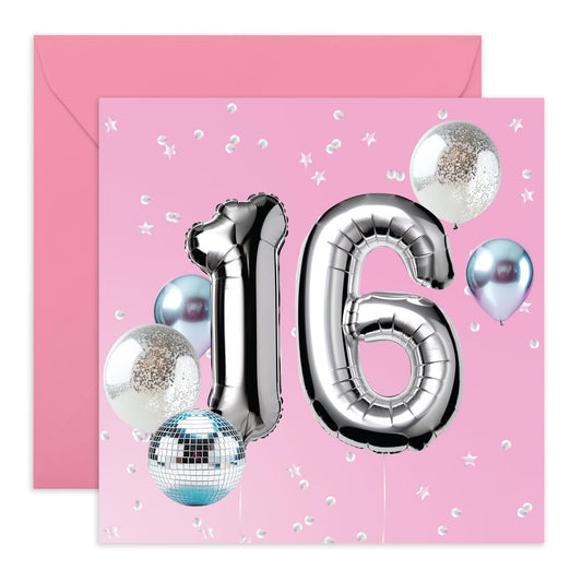 16th Birthday Cards For Kids - Foil Balloon 16 Birthday Party - Girl Birthday Card Sixteen Year Old - Happy Birthday Card For Daughter Granddaughter Niece - Comes With Fun Stickers By Central 23