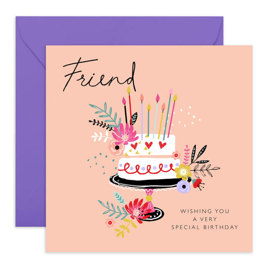 Birthday Card For Friend Woman - Wishing You A Very Special Birthday - Floral Cake Friendship Cards For Her Female Friends - Gifts For Her Women - Comes With Cute Stickers - By Central 23