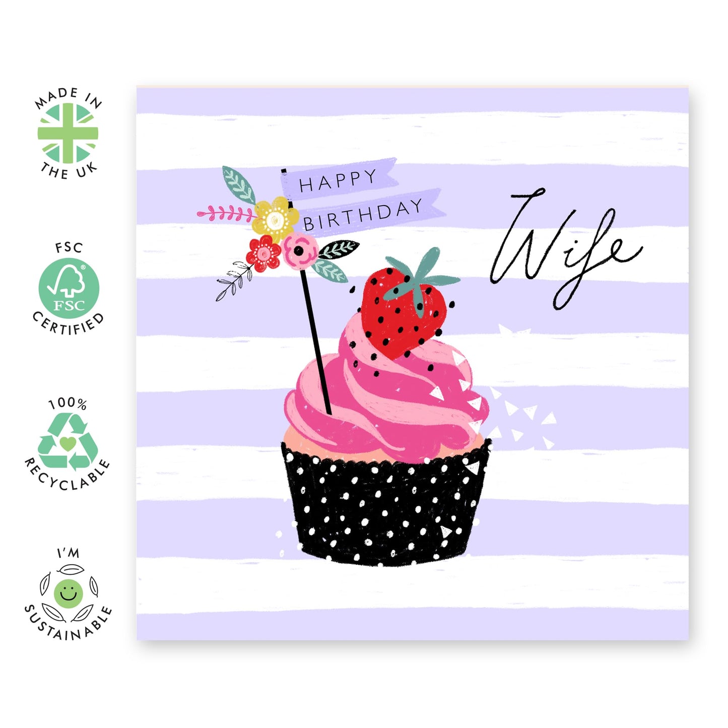 Wife Birthday Card - Bday Cupcakes - Purple Birthday Cards for Women - Happy Birthday Wife Card - Sweet Heartfelt Gifts for Her - Comes With Cute Stickers By Central 23
