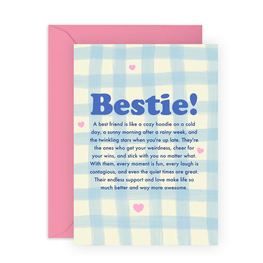 Friendly Greeting Card - 'Bestie Poem' - Greetings for BFF, Besties, Best Friend, Gals, Close Friends, Girlfriend - Sweet Long Message - Comes with Fun Stickers