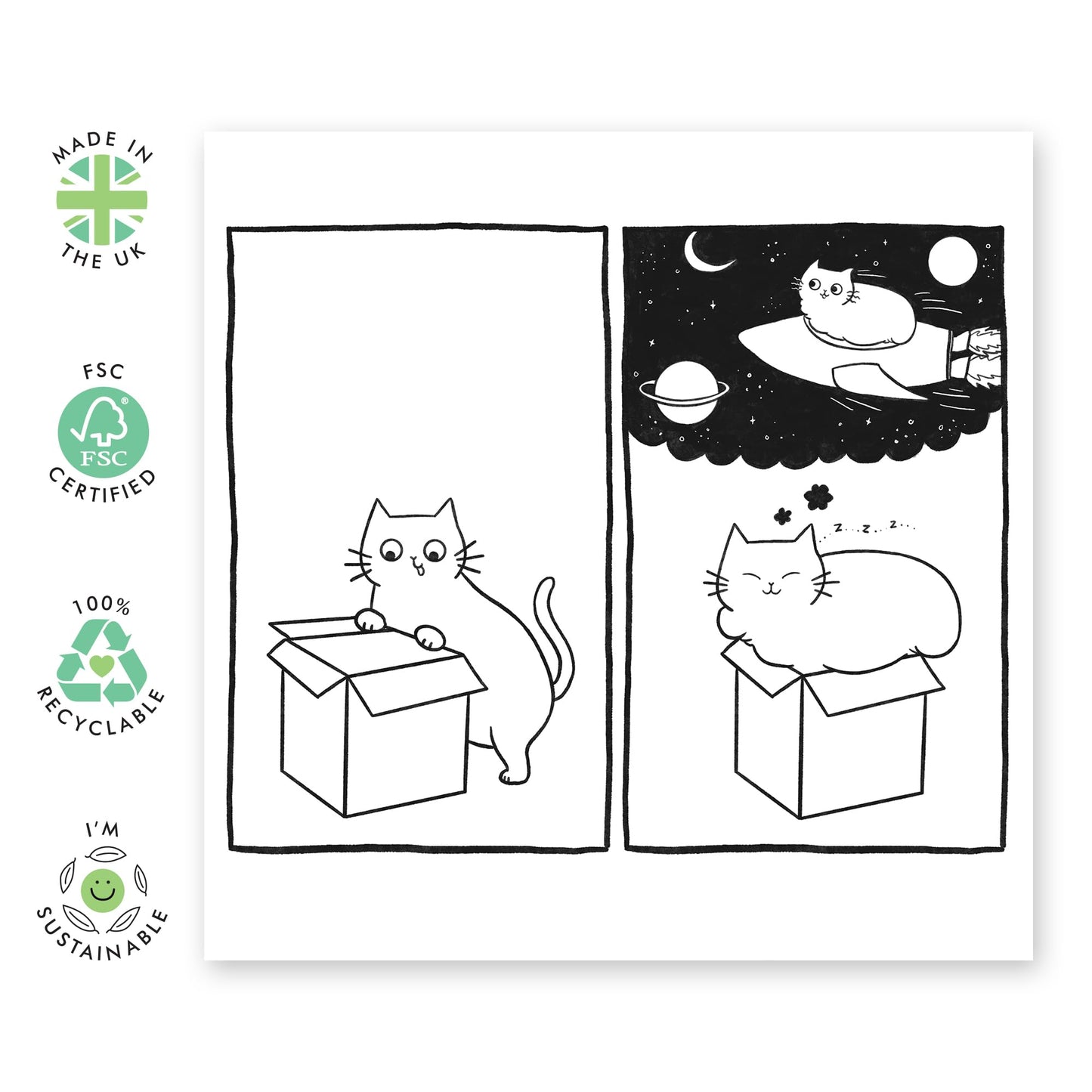 Cat Sleeping Birthday Card - 'Cat Space Box Dream Comic' - Gifts for Him, Boys, Children, Her, Son, Nephew - Flying - Comes with Fun Stickers