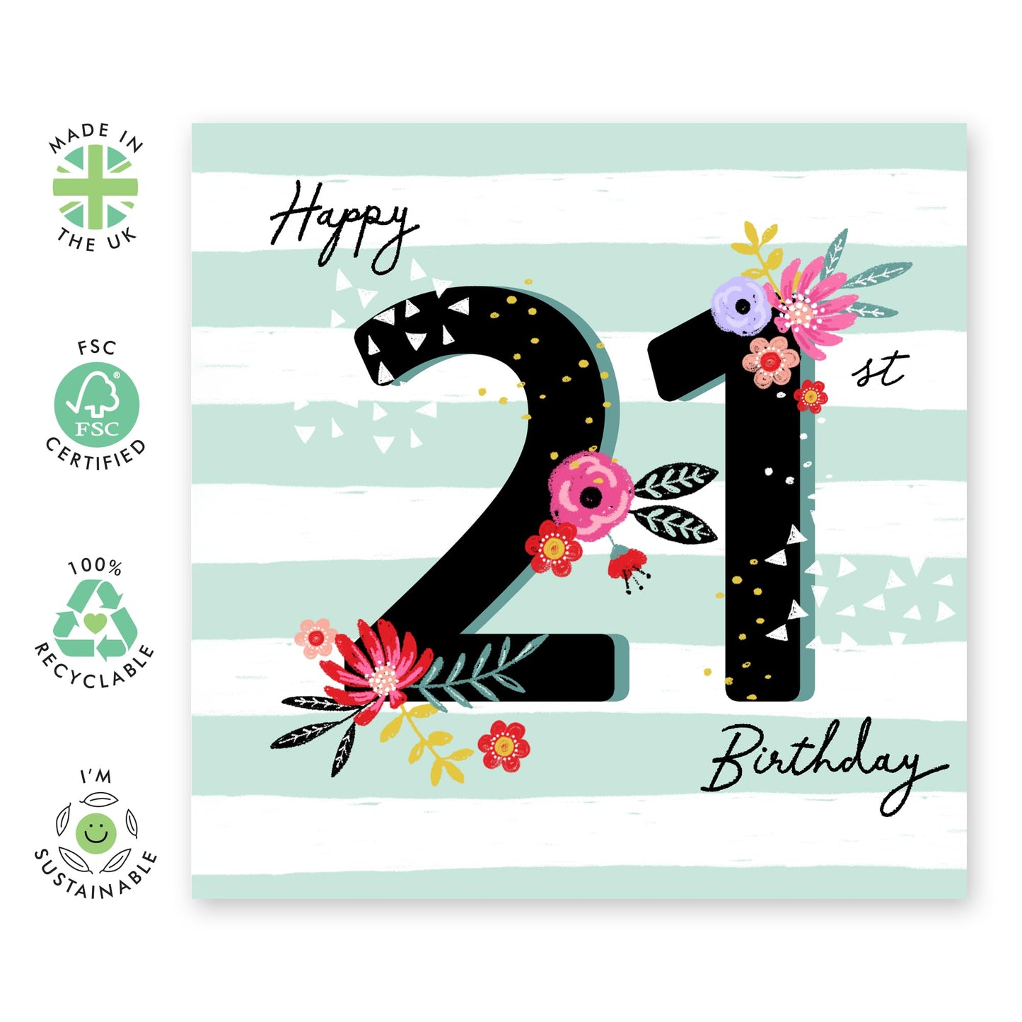 Floral Birthday Card For Her - 21st Birthday Floral Striped Background - Happy Twenty-first Birthday Card - Gifts For Daughter Niece - From Mum Dad - Comes With Fun Stickers By Central