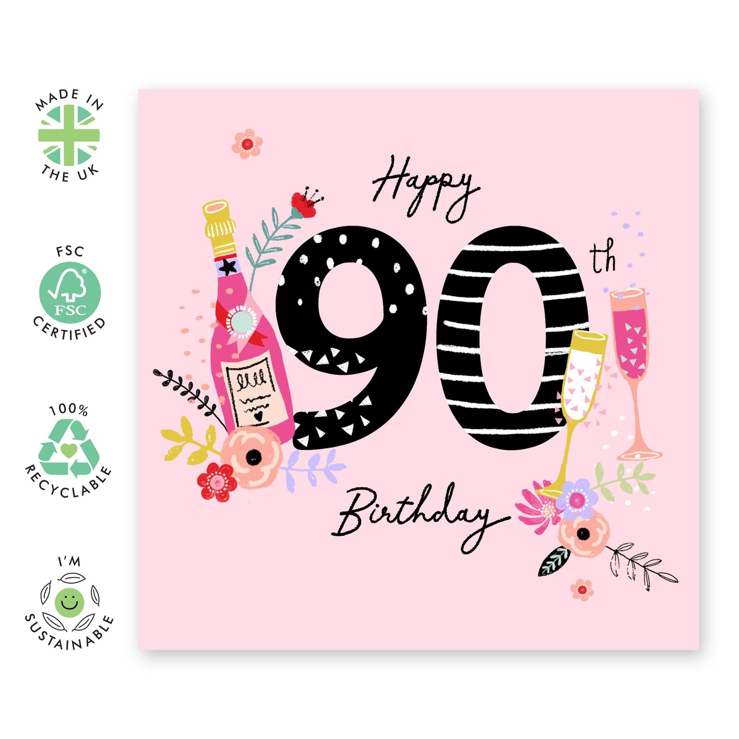 Happy 90th Birthday Card For Her - Drinks Celebration - Greeting Cards For Ninety Year Old Women - Grandma Birthday Card - Ninetieth Bday Gifts For Mum Wife Nan - Comes With Stickers By Central 23