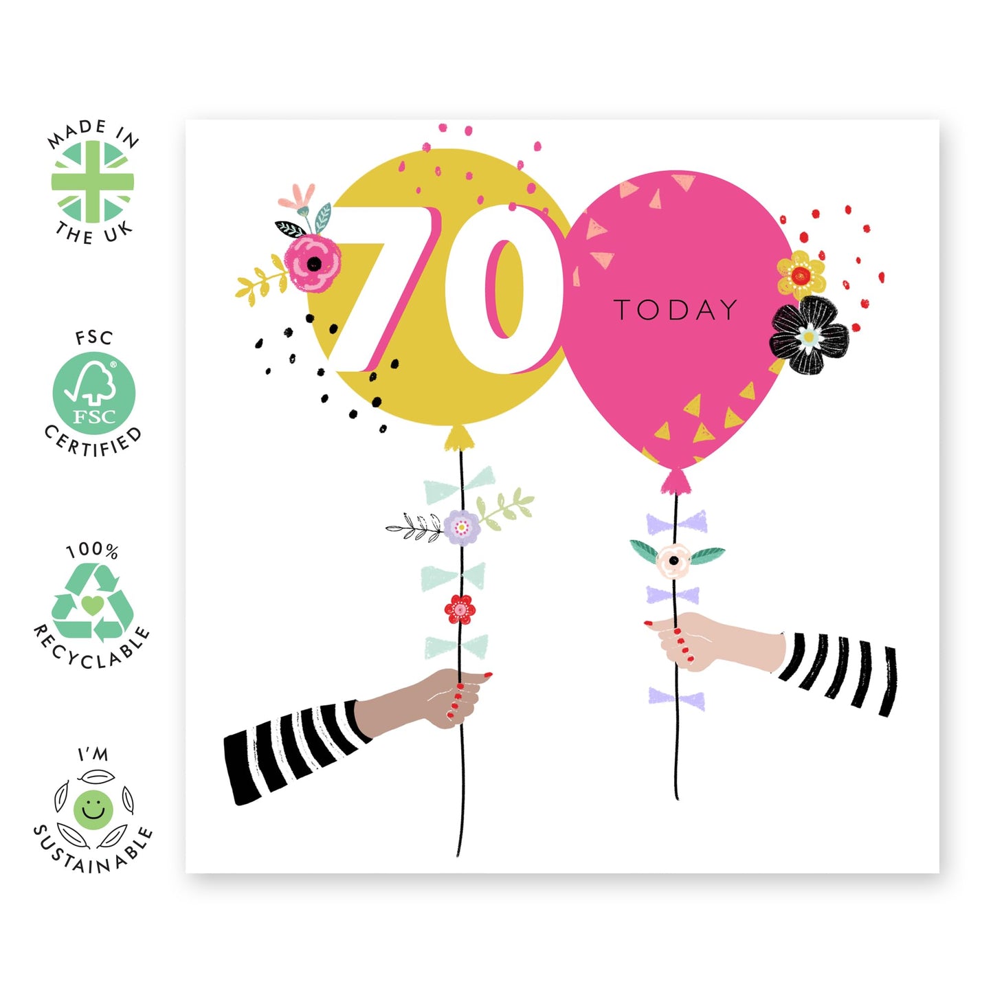 Floral Birthday Card For Women - 70th Birthday Greeting Cards For Mum Auntie Nan Wife - Age 70 - Balloons - Pretty Gifts For Ladies - Comes With Stickers - By Central 23